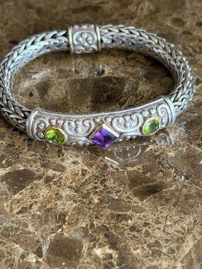 Intricate Sterling Silver Braided Women's Bracelet amethyst and peridot
